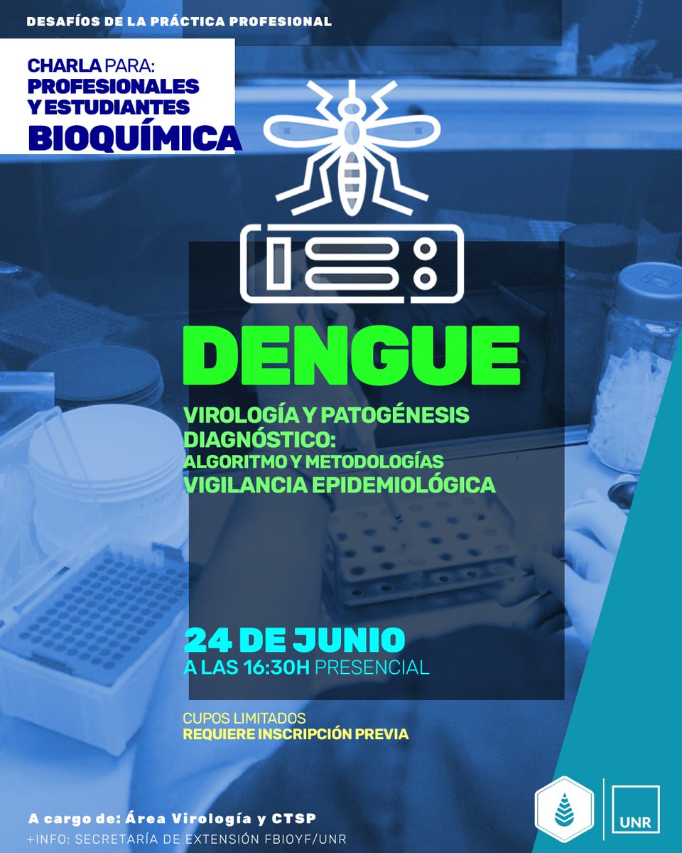 CICLO “DESAFÍOS DE LA PRÁCTICA  BIOQUÍMICA: DENGUE ”. 
Para profesionales, graduadxs y estudiantes avanzados de #Bioquímica.👩🏼‍🔬👨🏽‍🔬
Cuándo y dónde? 
👉🏼 Martes 24/6 
16:30h
Sede  (Suipacha 531)
INSCRIPCIÓN 
👇🏼
docs.google.com/forms/d/e/1FAI…
Se entregan certificados.
Cupos limitados 
#FBIOyF