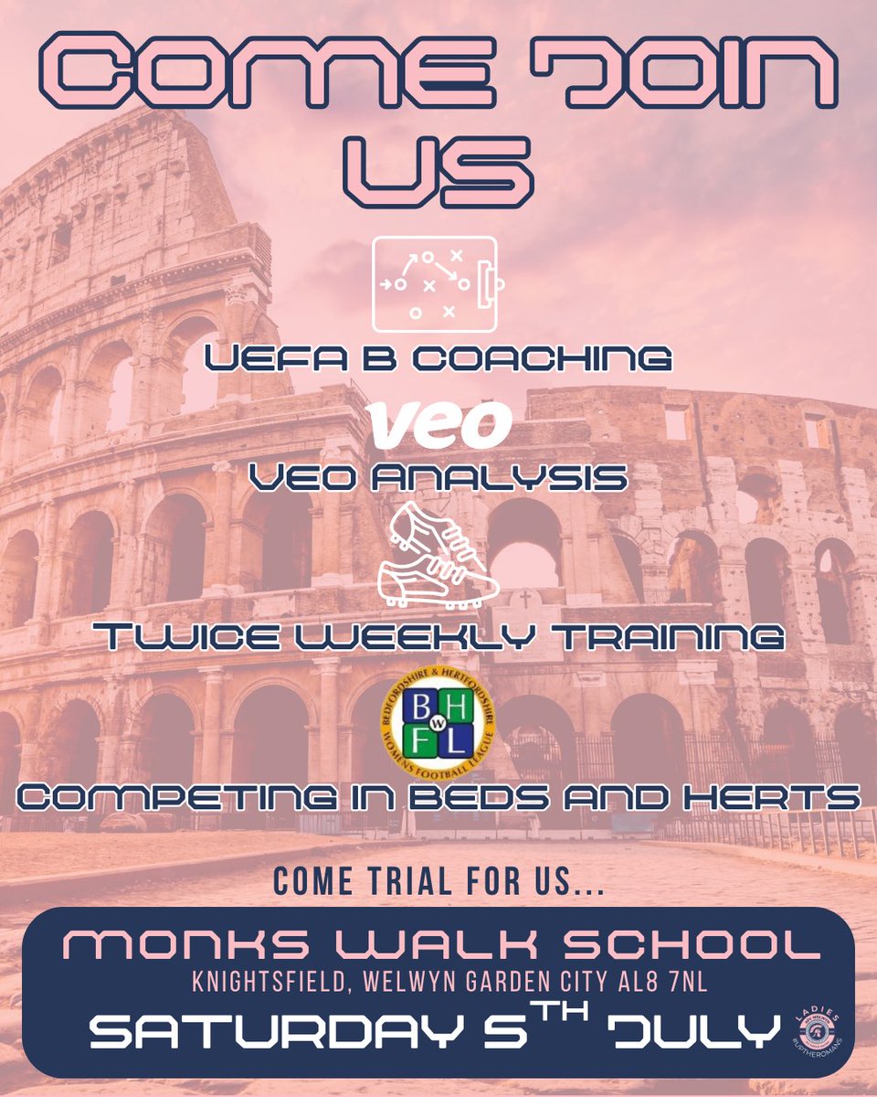 Who are we? 👀

A brand new women's team competing in the Beds and Herts Football League. 

📍Based in Welwyn Garden City

Looking for players who are wanting a new challenge in an ambitious team💪🏼

Does this sound like you? Register your interest here👇🏼

forms.gle/fiw5HSF69queGz…