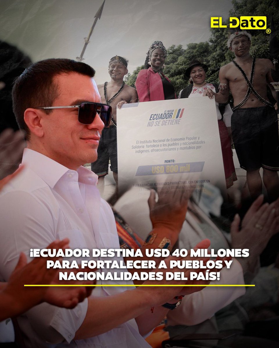 ElDatoEcua's tweet image. #Urgente ¡ECUADOR DESTINA USD 40 MILLONES PARA FORTALECER A PUEBLOS Y NACIONALIDADES DEL PAÍS!

El presidente Daniel Noboa lideró la entrega de USD 800 mil no reembolsables como parte del proyecto #Profecpiam, en el marco de un plan que movilizará USD 40 millones a nivel…