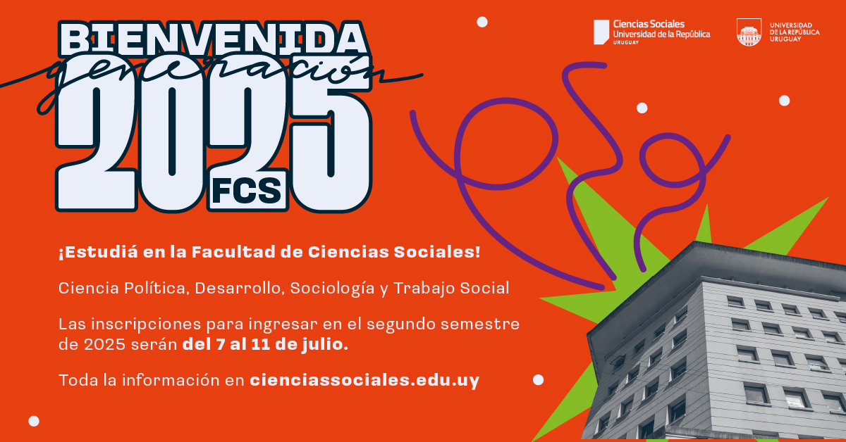📒¡𝗘𝘀𝘁𝘂𝗱𝗶𝗮́ 𝗲𝗻 𝗹𝗮 𝗙𝗮𝗰𝘂𝗹𝘁𝗮𝗱 𝗱𝗲 𝗖𝗶𝗲𝗻𝗰𝗶𝗮𝘀 𝗦𝗼𝗰𝗶𝗮𝗹𝗲𝘀!
Las inscripciones para comenzar a estudiar en el segundo semestre serán: 
📅del 7 al 11 de julio

Para saber más sobre el proceso de inscripción👉cienciassociales.edu.uy/ensenanza/bede…
