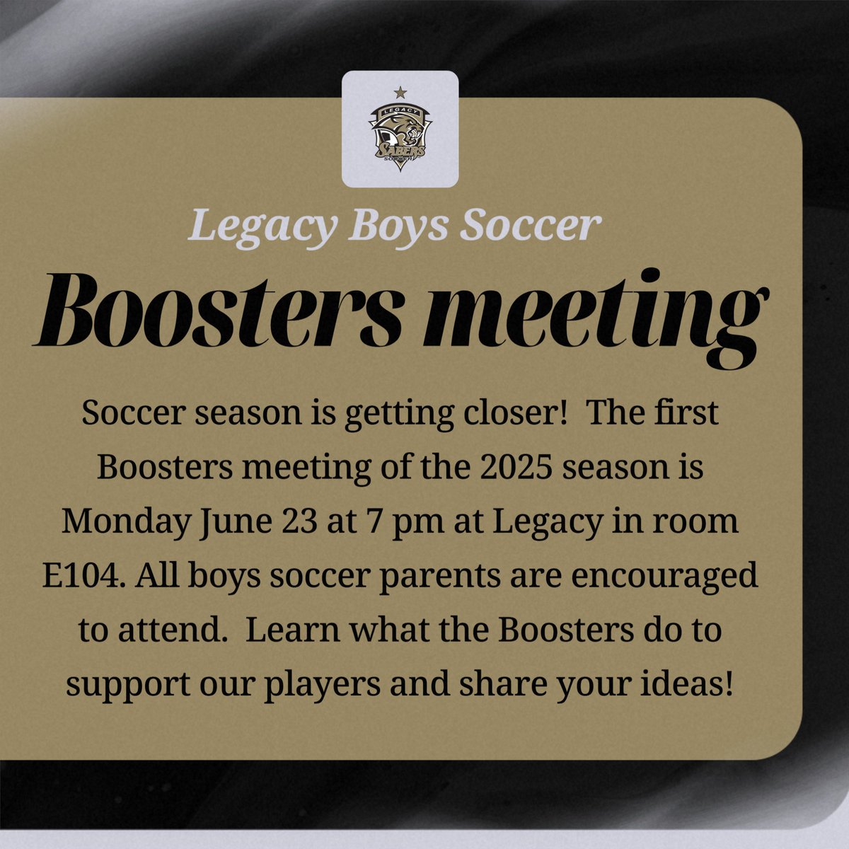 The first Boosters meeting of the 2025 season is Monday June 23 at 7 pm at Legacy in room E104. All boys soccer parents are encouraged to attend.  Learn what the Boosters do to support our players and share your ideas!