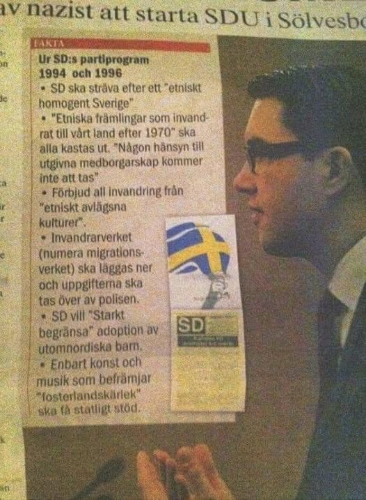 Innan och i början av WW2 fanns det - pga naivitet och okunnighet - viss tyskvänlighet i flera svenska partier (och i kungahuset). När <a href="/jimmieakesson/">Jimmie Åkesson</a> gick med i <a href="/sdriks/">Sverigedemokraterna</a> 50 år! efter kriget fanns följande formuleringar i partiets program.
Just satin’