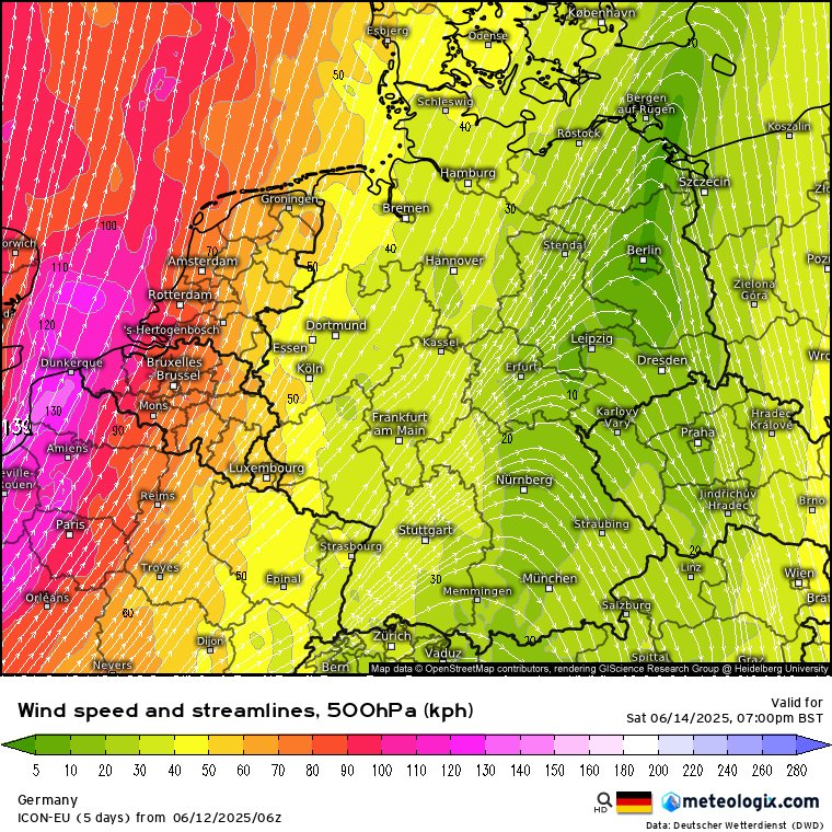 Es kam nun mehrmals vor, dass in meinem Umfeld die Lage am  Samstag mit Ela verglichen wurde – und da kann ich einfach nur sagen:  NEIN! Besonders am Anfang fehlte bei der Lage fast jegliche Dynamik,  geschweige denn Scherung 
siehe Reanalyse 
1/x
