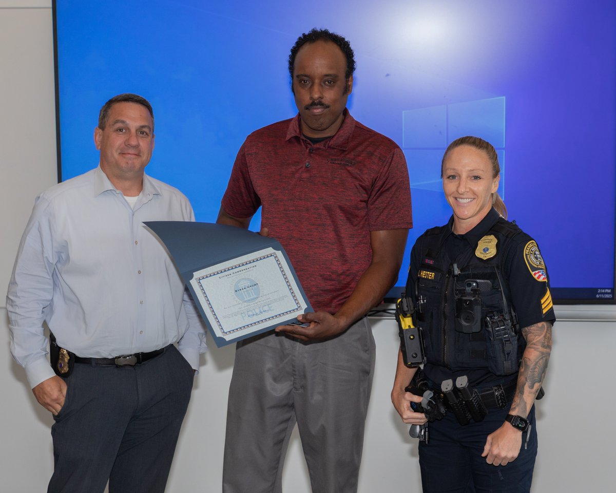 FranklinTNPD's tweet photo. The Franklin Police Department recognized a local restaurant manager Wednesday with the department’s Citizen Commendation, a distinguished honor reserved for extraordinary acts of bravery by members of the community.

Byron Crump was presented with the commendation during a ceremony at Franklin Police Headquarters in recognition of his courageous actions on the night of Saturday, April 26.

Crump intervened in a violent altercation between a man and a woman in the parking lot of the restaurant he manages. During the confrontation, a firearm became involved. Acting swiftly and without regard for his own safety, Crump separated the individuals, secured the weapon by removing its ammunition, and placed the firearm on the ground. He then ordered both parties back to their vehicles and maintained control of the situation until police arrived.

“Mr. Crump’s decisive and selfless actions likely prevented a tragic outcome,” said Sergeant Leigh Hester, who responded to the incident. “His bravery and quick thinking reflect the very best of our community.”

The Franklin Police Department commends Crump for his exceptional courage and is proud to recognize his role in helping keep our city safe.

(Photo: Deputy Chief J.P. Taylor, Crump, and Sergeant Leigh Hester).