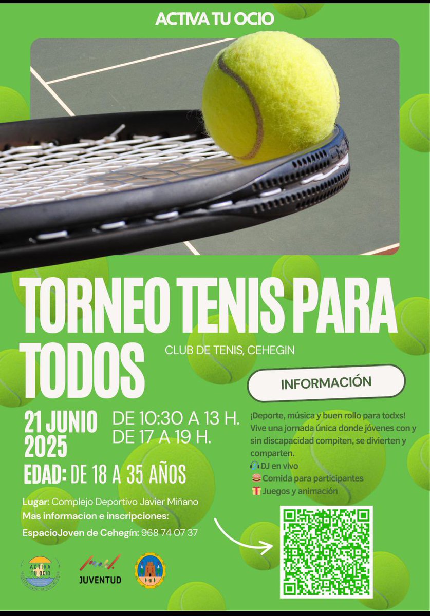 🏆🎾 ¡Activa tu ocio el 21/06/25! No te pierdas el torneo inclusivo de tenis Tenis para Todos en Cehegín. Un evento accesible para todos, con partidos adaptados, DJ, animación y convivencia con comida y música. 🎶🍽️ Horario: de 10 a 13 h y de 17 a 19 h. En Campo de Tenis Almarjal