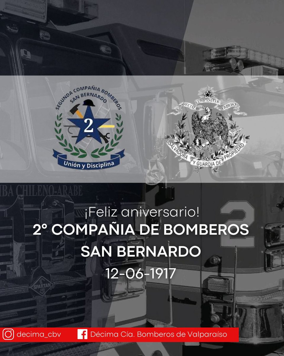 ANIVERSARIO 🎊 | Enviamos un afectuoso saludo a la nuestra compañía de canje, Segunda Compañía de Bomberos de San Bernardo, Bomba “Domingo Eyzaguirre”, por sus 108 años de servicio. Celebramos su legado y el compañerismo que nos une como compañías hermanas.