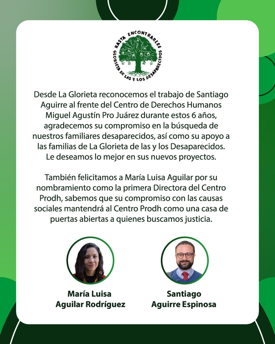 Glorieta de las y los Desaparecidos (@glorietamx) on Twitter photo Los <a href="/Jesuitas_Mexico/">Compañía de Jesús en México</a> ha anunciado la designación de María Luisa Aguilar, Malú, como la nueva Directora del <a href="/CentroProdh/">Centro Prodh</a>. Agradecemos a Santiago Aguirre todo el apoyo que nos ha brindado. Les deseamos el mayor de los éxitos a Santiago y a Malú. Los <a href="/Jesuitas_Mexico/">Compañía de Jesús en México</a> ha anunciado la designación de María Luisa Aguilar, Malú, como la nueva Directora del <a href="/CentroProdh/">Centro Prodh</a>. Agradecemos a Santiago Aguirre todo el apoyo que nos ha brindado. Les deseamos el mayor de los éxitos a Santiago y a Malú.
