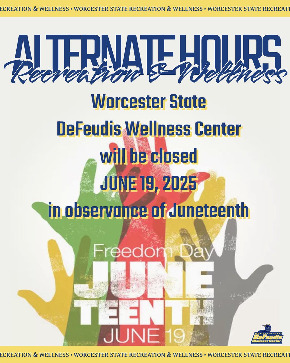 WSU Recreation & Wellness (@wsu_recwellness) on Twitter photo 🕒Upcoming Alternate Hours🕒
<a href="/WSU_RecWellness/">WSU Recreation & Wellness</a> will be CLOSED on Thursday, June 19, 2025 in observance of Juneteenth
#WooFit💪
#ShieldsUp🛡️ 🕒Upcoming Alternate Hours🕒
<a href="/WSU_RecWellness/">WSU Recreation & Wellness</a> will be CLOSED on Thursday, June 19, 2025 in observance of Juneteenth
#WooFit💪
#ShieldsUp🛡️