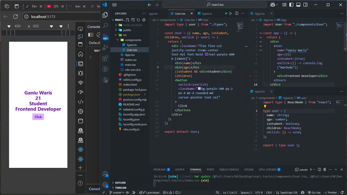 Just wrote my first React + TypeScript component 🤯
Still wrapping my head around props, types, and JSX—but loving the process so far!
Here’s a quick peek 😂😂
#React #TypeScript #FrontendDev