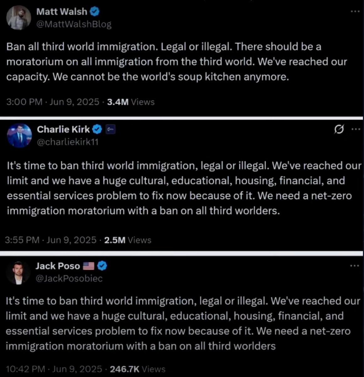 Tre tweet fotocopia, pubblicati a distanza di pochi minuti l’uno dall’altro, da tre volti simbolo della destra trumpiana. Il contenuto è xenofobo, la forma perfettamente allineata. Non è comunicazione spontanea: è propaganda orchestrata.

Una chiara anteprima delle prossime