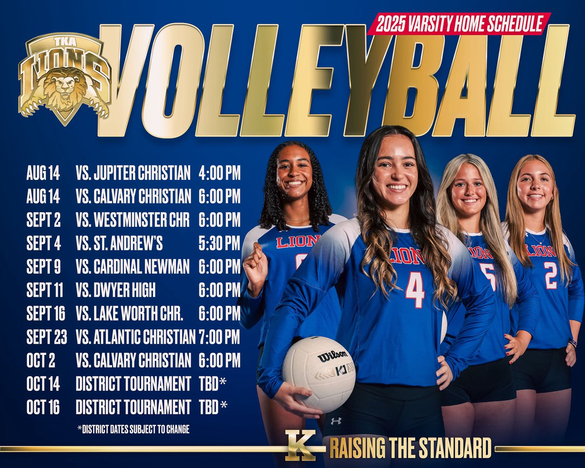 TKALions's tweet image. The district championship defense begins August 14! Come out to the Loveland Center this fall to catch your five-time defending champions in action! #tkavball 🏐

@TKAWPB @pbphighschools @ESPNWestPalm