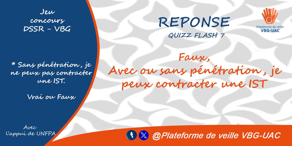 🔸𝐑𝐞́𝐩𝐨𝐧𝐬𝐞 𝐚𝐮 #𝐐𝐮𝐢𝐳𝐳_𝐅𝐥𝐚𝐬𝐡 7
🎯 Faux
👉🏾 Avec ou sans pénétration, je peux contracter une IST
𝐁𝐫𝐚𝐯𝐨 𝐚̀ 𝐧𝐨𝐬 𝐡𝐞𝐮𝐫𝐞𝐮𝐱 𝐠𝐚𝐠𝐧𝐚𝐧𝐭𝐬 🥳
𝑆𝑢𝑖𝑣𝑒𝑧-𝑛𝑜𝑢𝑠 𝑠𝑢𝑟 <a href="/VeilleVBGUAC/">Plateforme de veille VBG_UAC</a>
#plateformeveillevgbuac
#quizzflash
#dssruac
#sexualiteresponsable