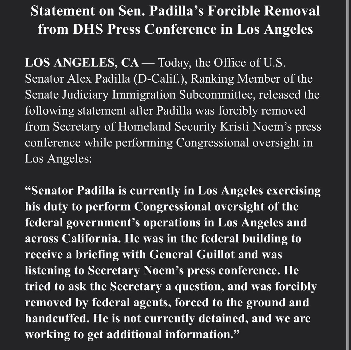 STATEMENT FROM PADILLA’S OFFICE