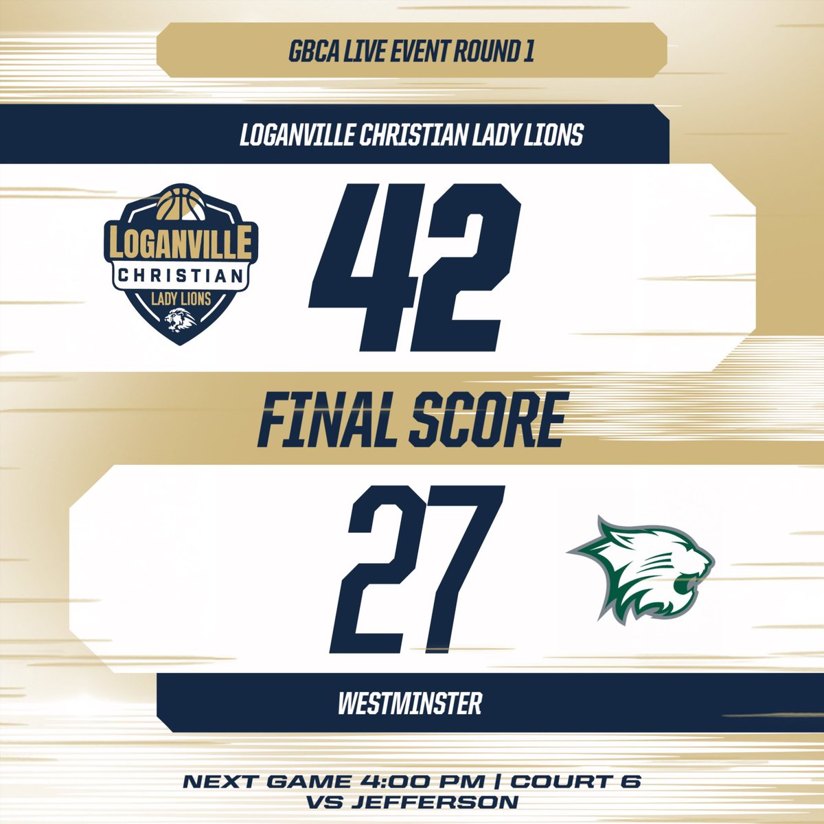 The Lady Lions win the Round 1 matchup vs Westminster 42-27 and will play Jefferson at 4:00 PM on court 6.

Our Leaders

Sanai Cyrus (<a href="/SanaiCyrus/">Sanai Cyrus</a>) 17 pts 16 rebs3 asst 2 stl
Gabie Snell (<a href="/gabie_snell/">Gabie Snell</a>) 7pts 3 asst 2 stl 
Tatyanna Washington (<a href="/RisingStarTati/">Tatyanna Washington</a>) 7pts 2 asst 3 stl