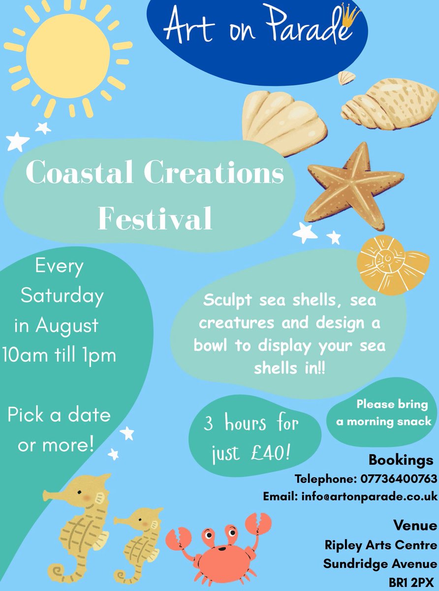 Bookings for our annual summer art days are now open☀️What better way for your children to enjoy the end of the academic year in letting their creative juices flow through the new activities expressing themselves through creative mediums 🌊
Book early to avoid disappointment!! 😎