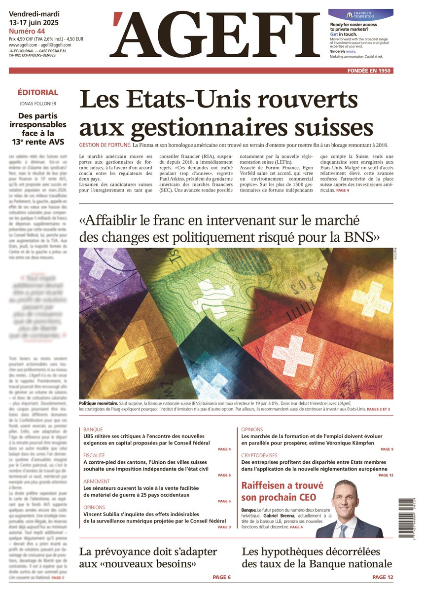 🔴 A la Une du vendredi 13 juin 2025: Les Etats-Unis rouverts aux gestionnaires suisses / Des partis irresponsables face à la 13e rente AVS, l'édito de Jonas Follonier / «Les investisseurs auraient tort de ne plus placer leurs avoirs à Wall Street»
➡️ agefi.com