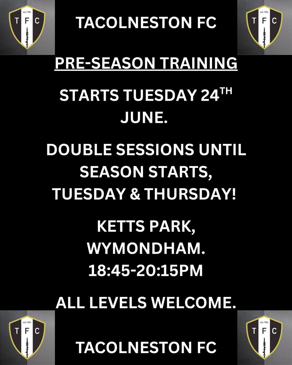 Tacolneston FC (@tacolnestonfc) on Twitter photo ⚽ Pre-Season Training ⚽
Starts on 24th June, double session until season starts! Tuesdays & Thursdays at Ketts Park on the grass!
All levels welcome, new and old players!
<a href="/AnglianCom/">Fosters Solicitors Anglian Combination</a>
#UTM ⚽ Pre-Season Training ⚽
Starts on 24th June, double session until season starts! Tuesdays & Thursdays at Ketts Park on the grass!
All levels welcome, new and old players!
<a href="/AnglianCom/">Fosters Solicitors Anglian Combination</a>
#UTM