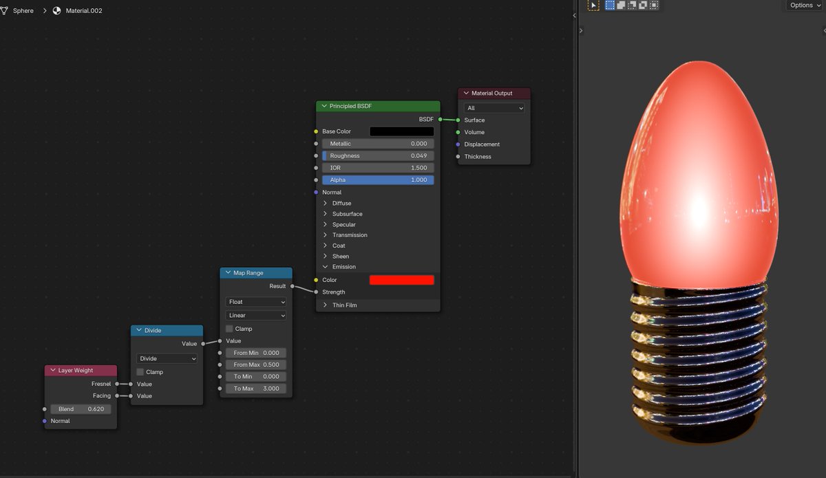 Emission shaders are boring. As a quick &amp; dirty fix, I like to divide Fresnel by Facing in the Layer Weight node, and then re-map it to get the result I like. It's brighter towards the center and edges.  #b3d