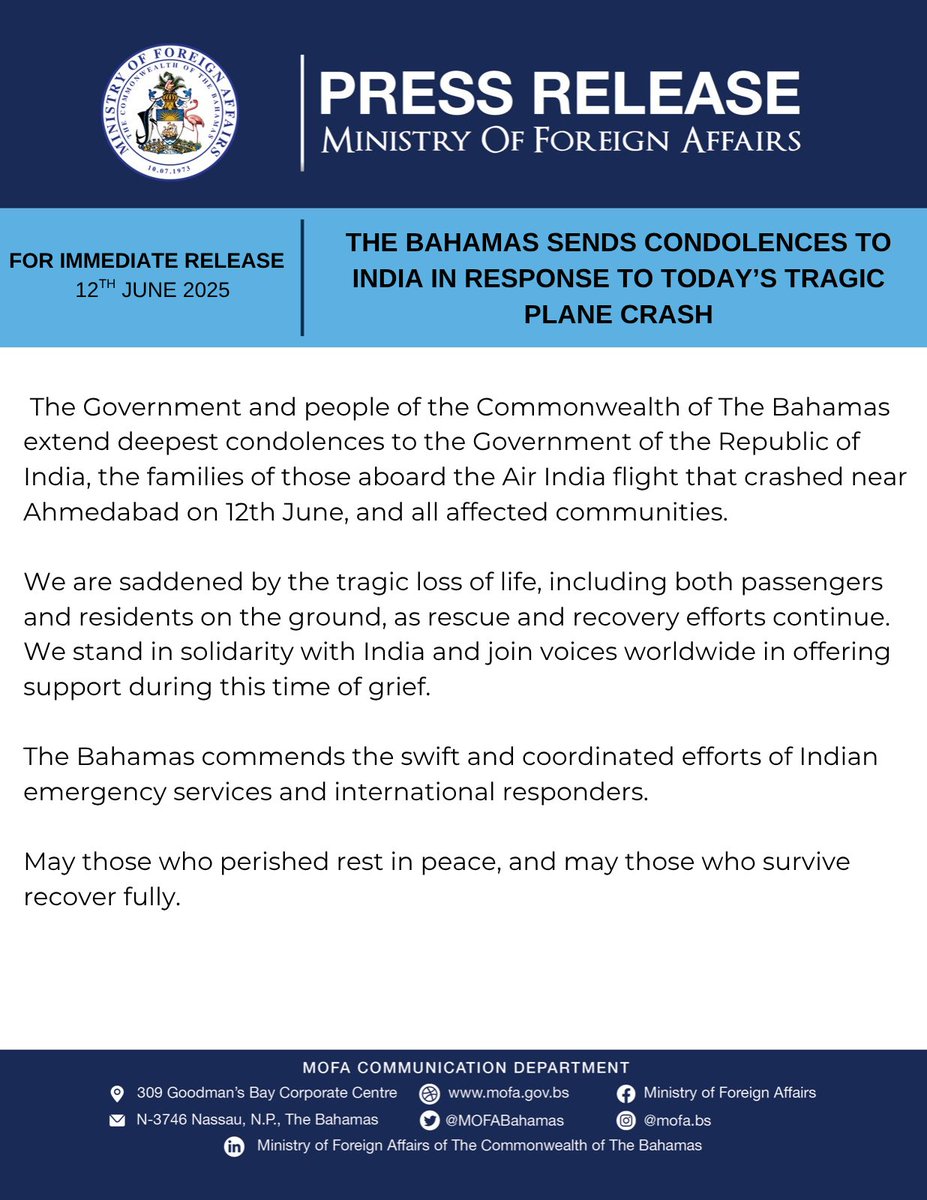 A statement of condolences from the Ministry of Foreign Affairs.