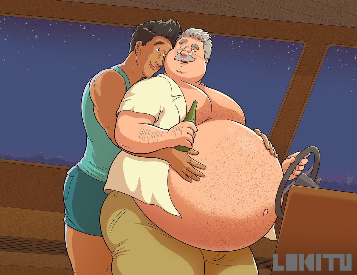 Arthur and Manni from my SPOILED series, enjoying some huge swollen belly rubs. Colorized version.