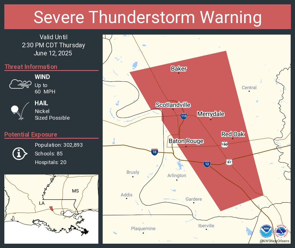 RedStickReady's tweet image. A Severe Thunderstorm Warning has been issued for the 2nd time this week!
Stay alert on the evening communte and avoid problematic areas. #RedStickReady