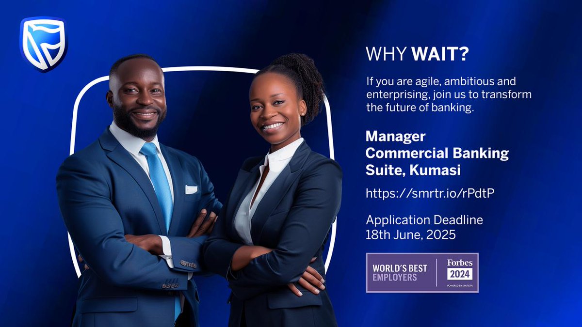 StanbicBankGH's tweet image. Do you have what it takes to lead and grow our Commercial Banking business?

If you’re strategic, driven, and ready to lead, we want you.

Apply now: smrtr.io/rPdtP
Location: Kumasi

#WhyWait #NurtureWithStanbic #StanbicCareers