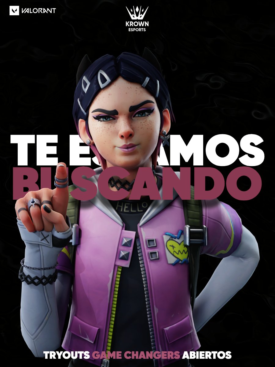 ¡Abrimos nuestras puertas como equipo de Game Changers de #VALORANT! 

Buscamos jugadoras para un proyecto a largo plazo que cumplan estos requisitos:

+16 años | Diamante-Inmortal

Entra al formulario para empezar a postular: forms.gle/2yZmqnbgYh9oAx…

#BornToBeKrowned