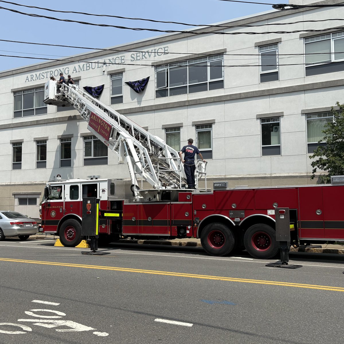 Glad to help out our partners at Armstrong Ambulance after the loss of one of their employees by hanging mourning bunting. Sorry for your loss.