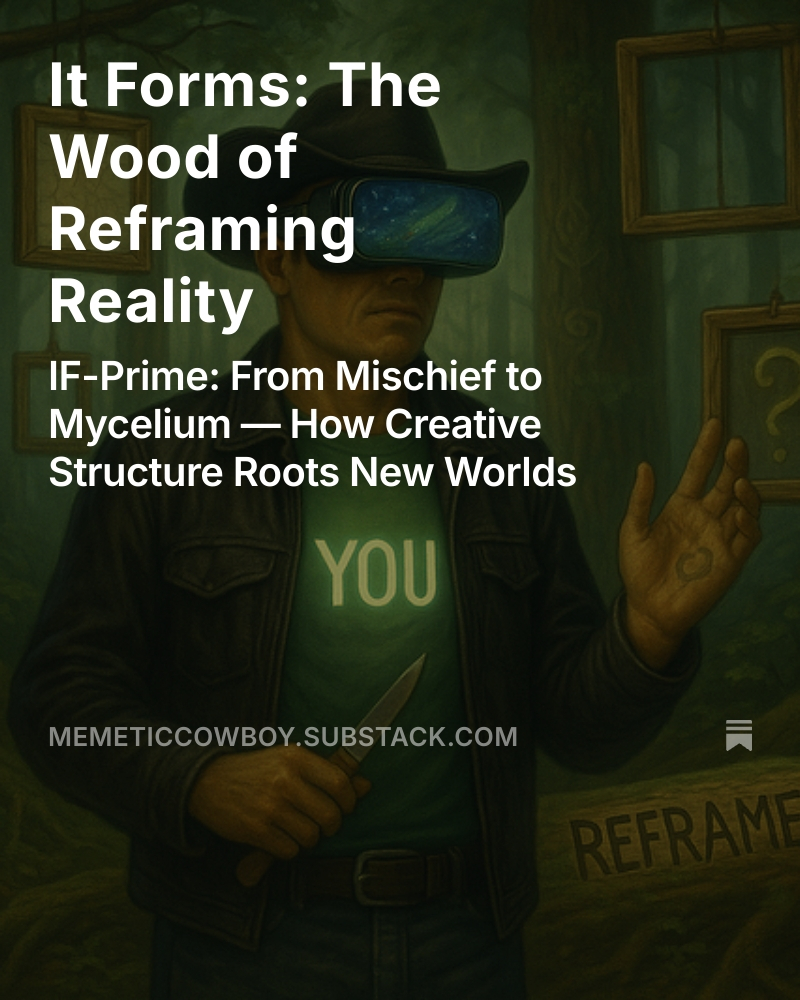 New trail's blazin’ over on the Substack, partner:

We ain’t bustin’ barriers—we’re bloomin’ through ‘em.

From metal to mycelium, from fendin’ off to form’in wild.

Time to Reframe Reality.

⧉ Saddle up: It Forms: memeticcowboy.substack.com/p/it-forms-the…

#MemeticCowboy #ReframeReality