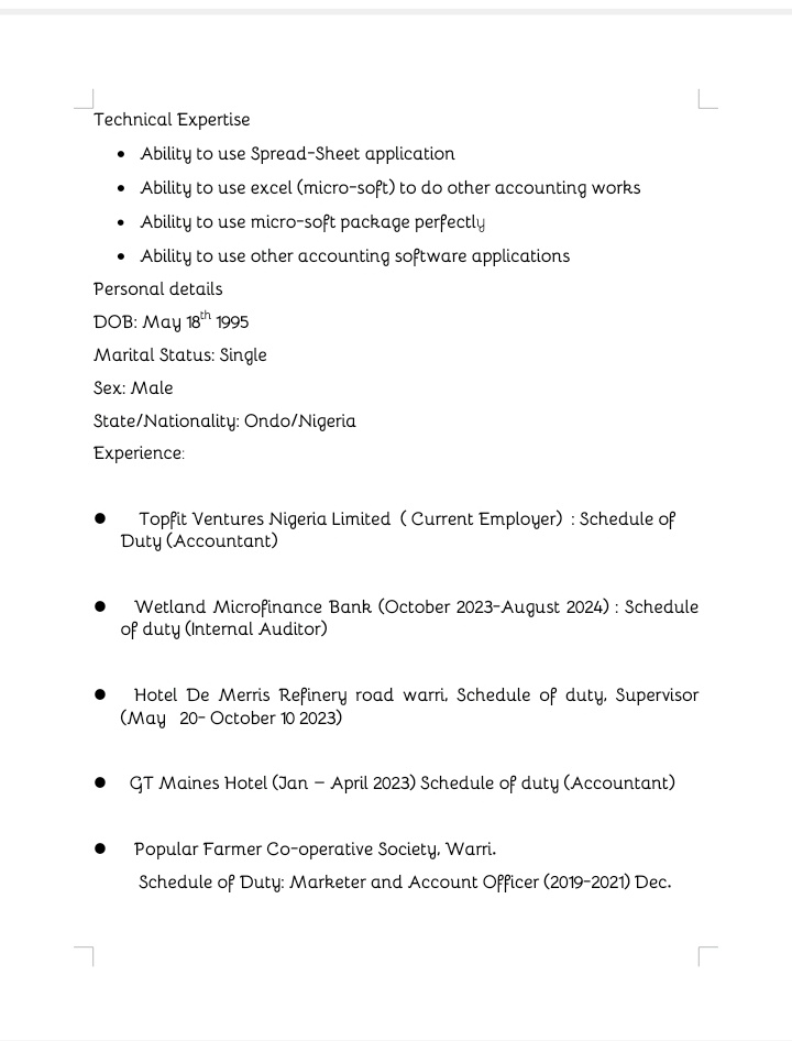 I've been able to screenshot the CV. He's an accountant by the way. A good one.