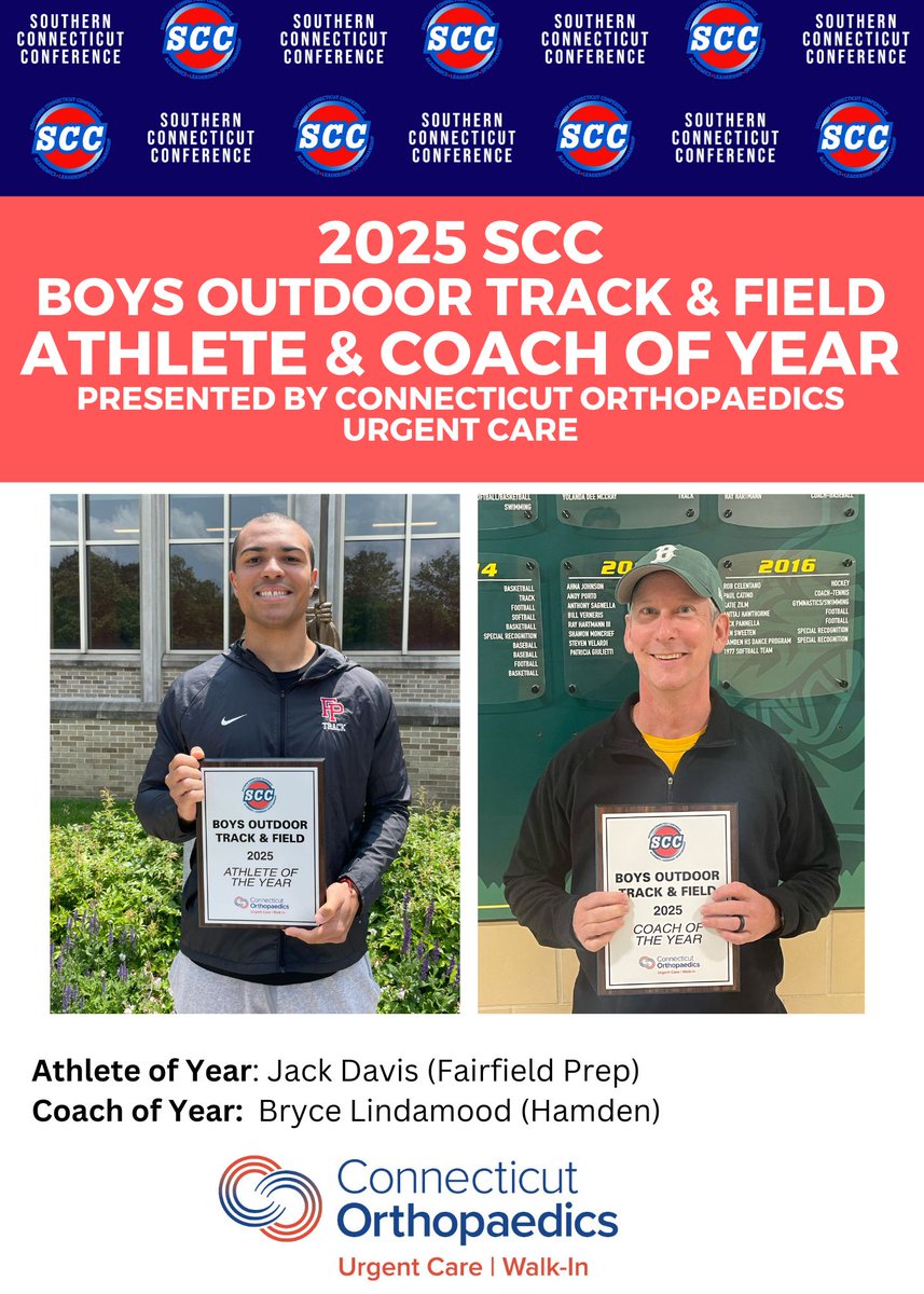 Al Carbone, SCC Commissioner (@scccommissioner) on Twitter photo Congrats to the 2025 SCC Boys Outdoor Track & Field Athlete and Coach of the Year, presented by <a href="/ctorthopaedics/">Connecticut Orthopaedics</a> Urgent Care #cttrack #SCC
@FPrepAthletics <a href="/AthleticsHamden/">Hamden Athletics</a>
southernconnecticutconference.org/2025-scc-sprin… Congrats to the 2025 SCC Boys Outdoor Track & Field Athlete and Coach of the Year, presented by <a href="/ctorthopaedics/">Connecticut Orthopaedics</a> Urgent Care #cttrack #SCC
@FPrepAthletics <a href="/AthleticsHamden/">Hamden Athletics</a>
southernconnecticutconference.org/2025-scc-sprin…