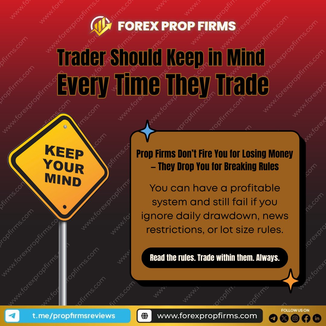 propfirms's tweet image. Prop firms don’t remove traders for losses — they do for breaking rules.

✅ Daily drawdown limits
✅ News trading restrictions
✅ Lot size caps
Even profitable traders fail if rules aren’t respected. Stay disciplined.

#PropTrading #TradingRules #RiskManagement #ForexPropFirms