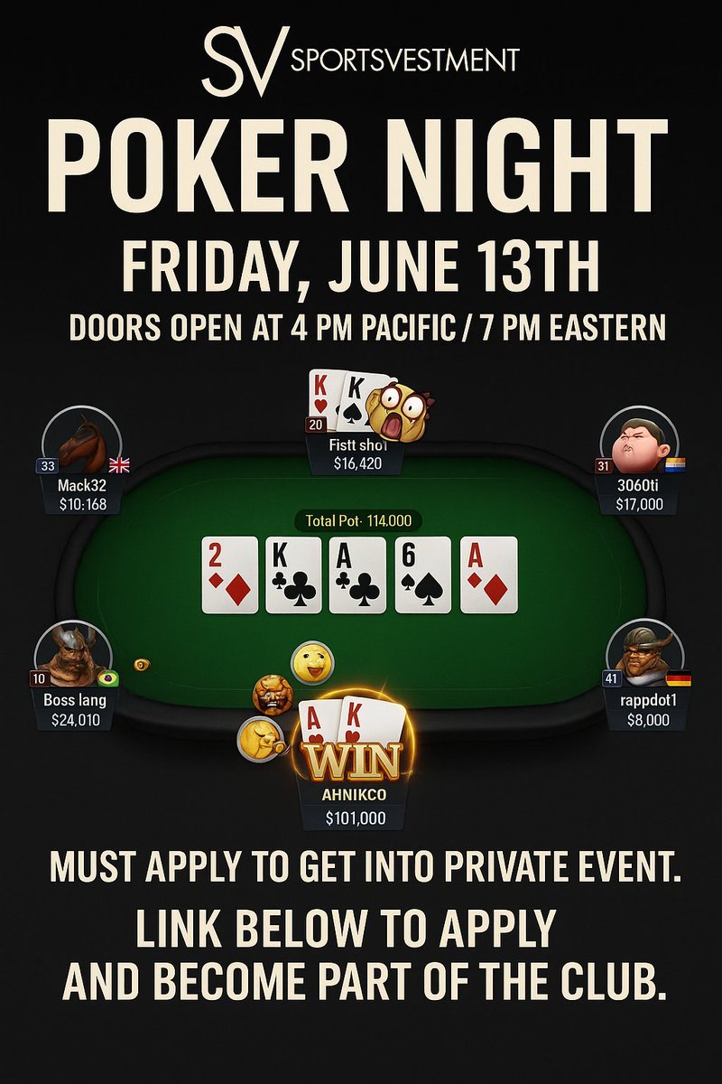 ♠️ SV Poker Night is BACK ♠️
🗓️ Friday, June 13th
⏰ 7PM EST  / 4PM PT
🔥 Private, high-integrity game — Must Apply. Acceptance is not guaranteed.
💼 Apply now: sportsvestment.com/sportsvestment…
📩 DM for vetting. Honest players only.

No Last minute players, Apply Now