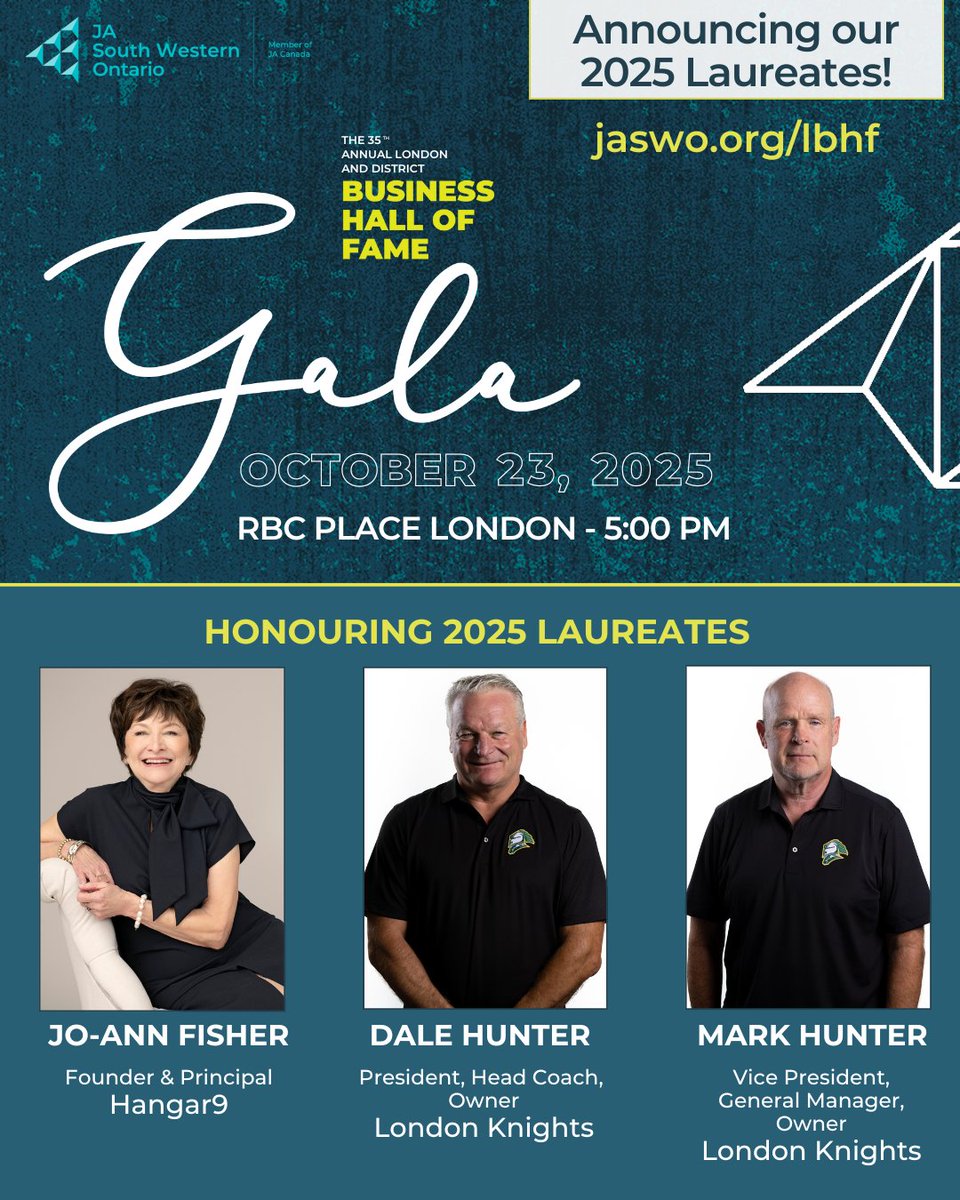 Announcing the 2025 Inductees!

The London and District Business Hall of Fame proudly welcomes Jo-Ann Fisher of Hangar9 and Dale &amp; Mark Hunter of the <a href="/LondonKnights/">London Knights</a>  to its prestigious list of Laureates.

Join us at the Gala:  jaswo.org/LBHF
#LdnOnt #LBHF2025 #JASWO