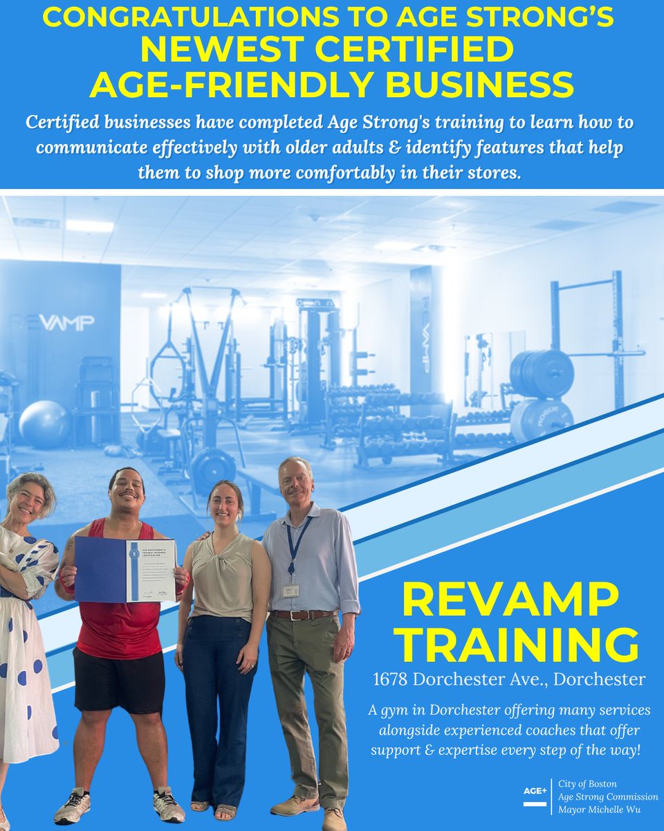 AgeStrongBos's tweet image. Congratulations to Age Strong’s newest Age-Friendly Certified business, Revamp Training! To find out how to become Age-Friendly Certified, or to see the list of Age-Friendly businesses to shop at, visit boston.gov/departments/ag…