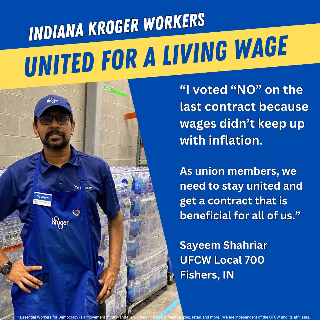 EW4Democracy's tweet image. INDIANA KROGER WORKERS ARE UNITED FOR A LIVING WAGE!

Workers in Indiana are standing up for a fair contract, after rejecting the company&apos;s previous offer by 74%. 
Hey, @kroger: the work that runs your stores is worth a lot more than $0.25!