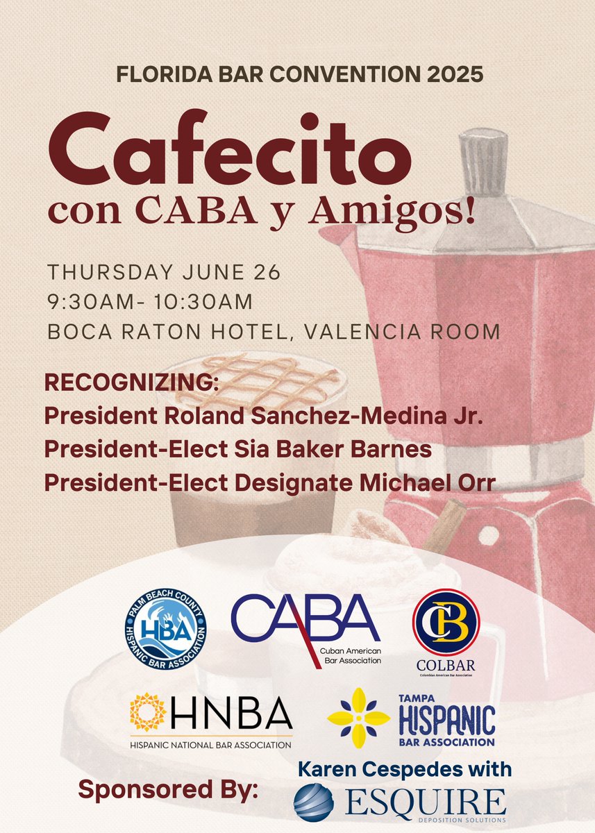 We are so excited to host Cafecito con CABA y Amigos this year at The Florida Bar Convention in Boca Raton on June 26! Kickstart your day with early morning networking with over cafecito and pastelitos. Register here: caba23.wildapricot.org/event-6225952