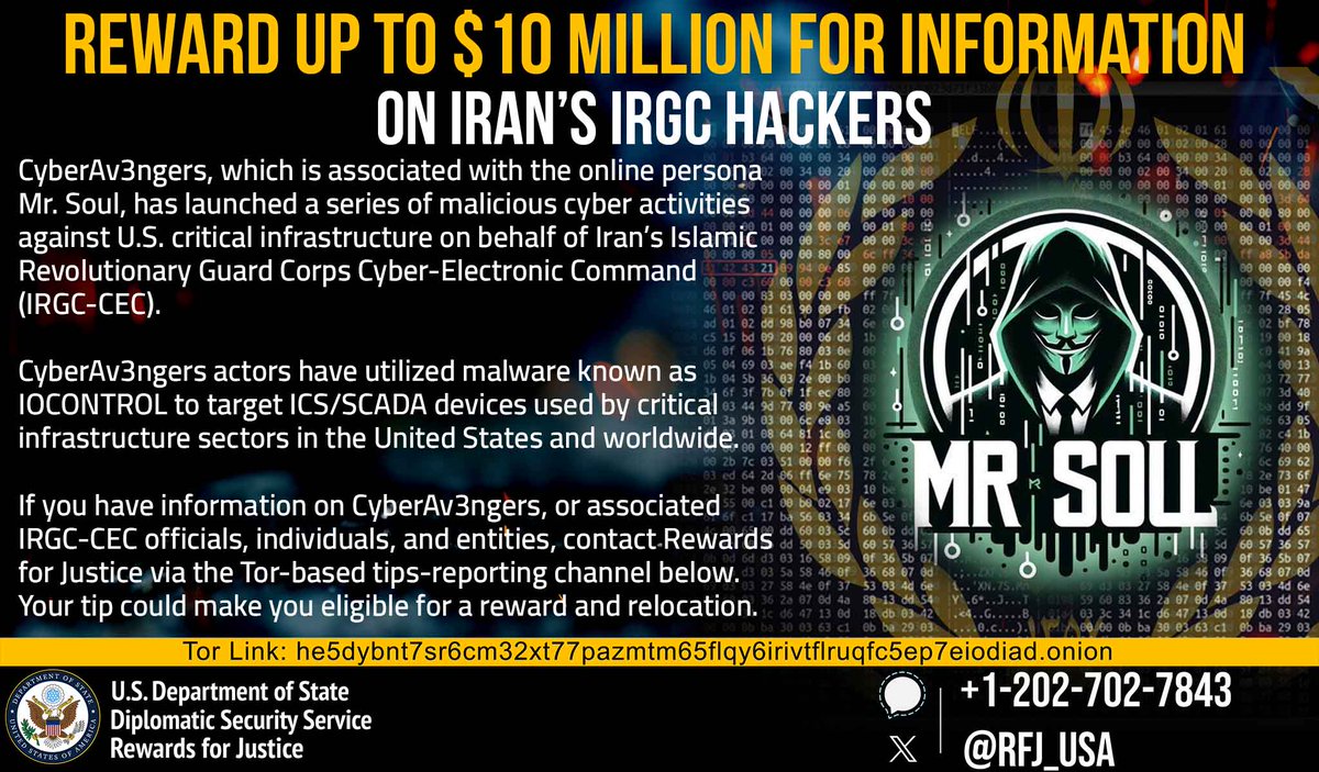 Help us unmask Mr. Soul and other entities, aliases, and individuals linked to Iran’s IRGC Cyber-Electronic Command.

Send us your information. Your tip could make you eligible for a reward and relocation.