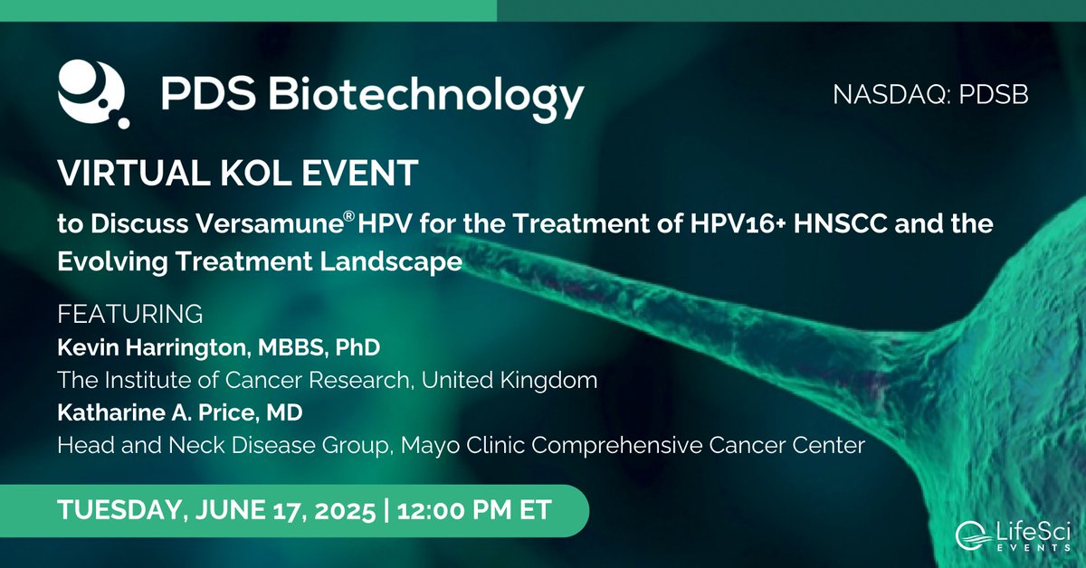 Join <a href="/PDSBiotech/">PDS Biotechnology</a> $PDSB for a virtual KOL event on June 17 at 12pm ET featuring Dr. Harrington and Dr. Price, who will discuss the unmet need and current treatment landscape for recurrent/metastatic HPV16-positive HNSCC.

Register: bit.ly/4dXovIV
