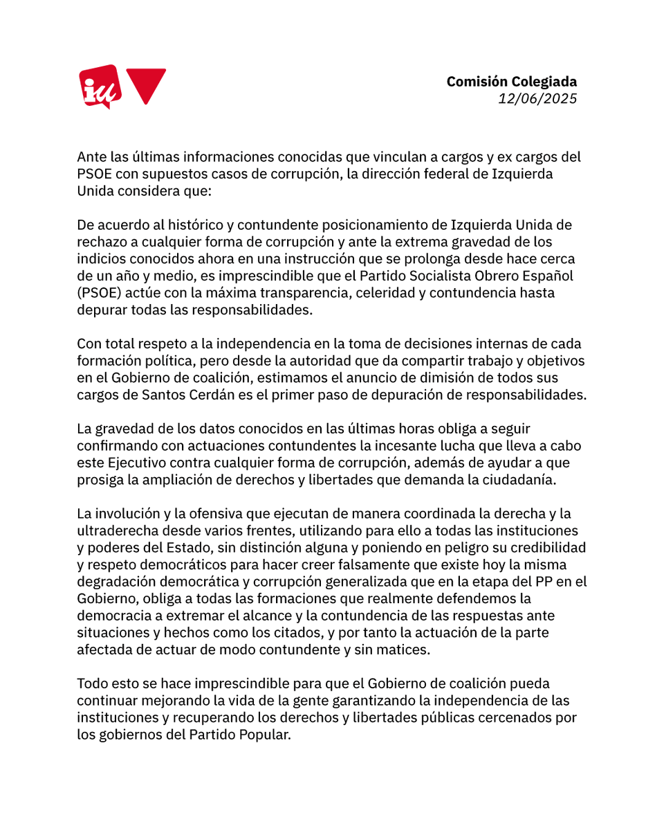 IzquierdaUnida's tweet photo. Comunicado ante las últimas informaciones conocidas que vinculan a cargos y ex cargos del PSOE con supuestos casos de corrupción.

https://t.co/l0qvrMldCi https://t.co/RAGdfQPHQt