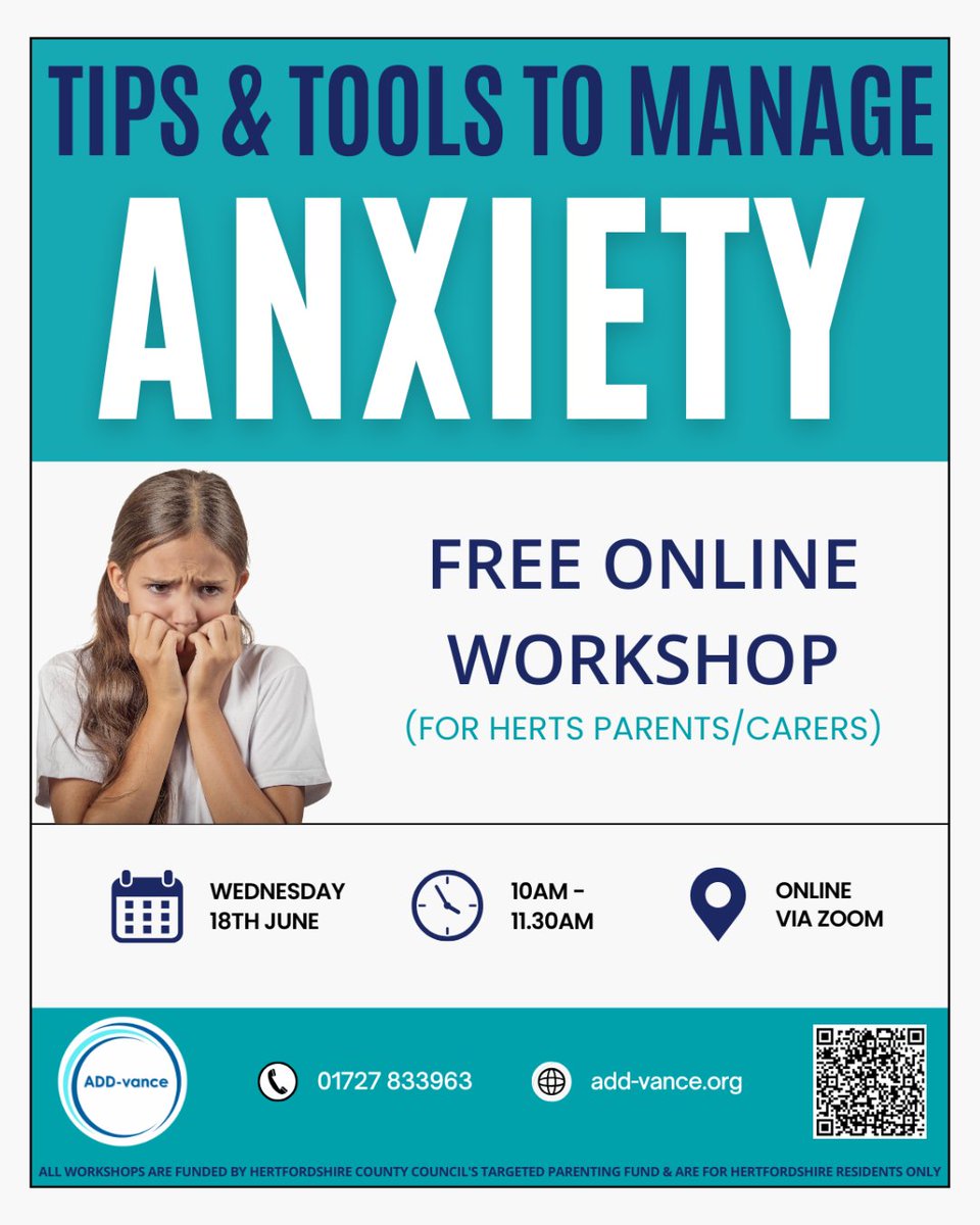 ADD-vance ADHD and Autism Trust (@vanceadd) on Twitter photo 📣 FREE ONLINE WORKSHOP for Herts parents & carers 📣
Book here: t.ly/neHv6 or scan the QR code
#ADDvance #ADHD #autism #neurodiversity #neurodivergent #neurodivergence #herts #hertfordshire #anxiety #manageanxiety 📣 FREE ONLINE WORKSHOP for Herts parents & carers 📣
Book here: t.ly/neHv6 or scan the QR code
#ADDvance #ADHD #autism #neurodiversity #neurodivergent #neurodivergence #herts #hertfordshire #anxiety #manageanxiety