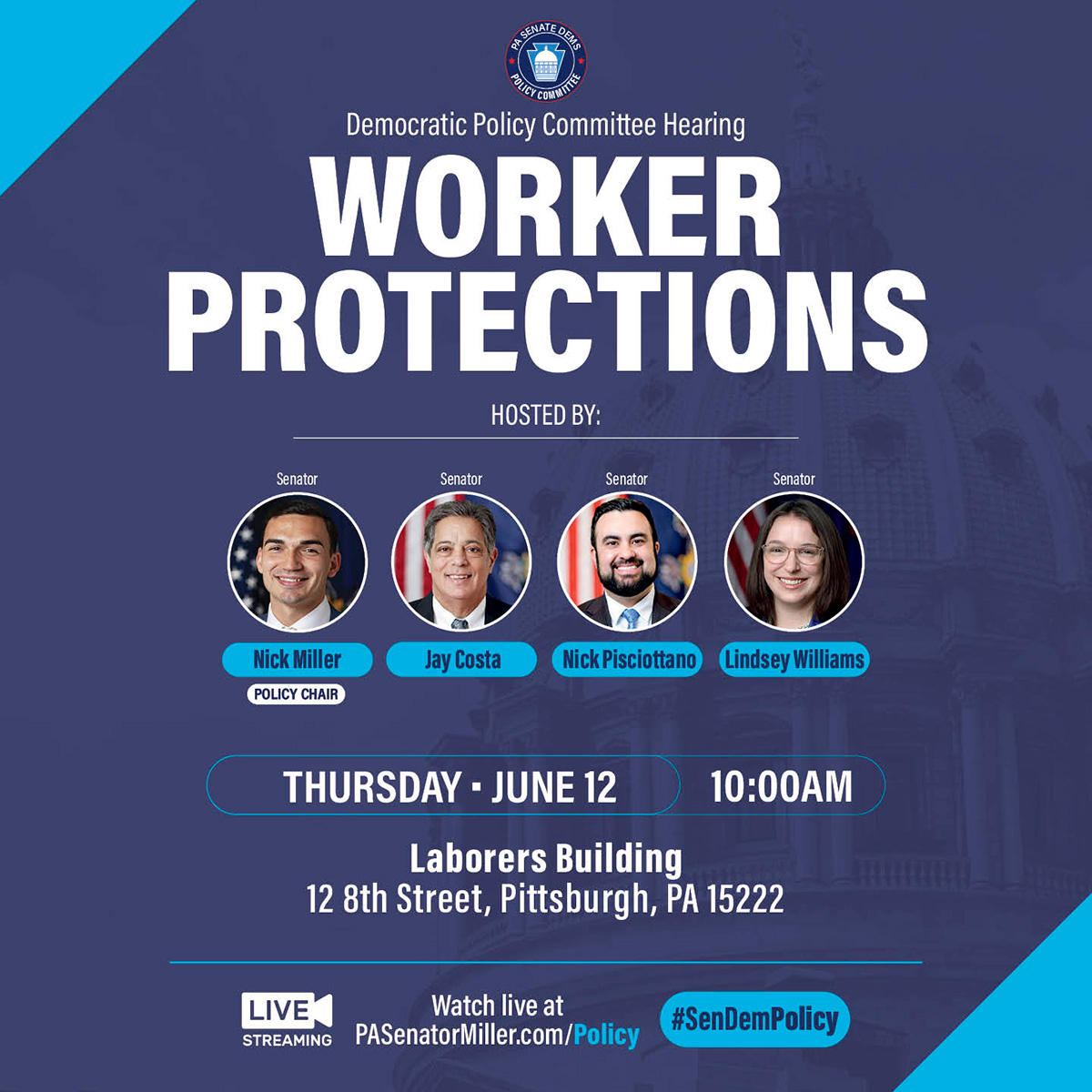 📢NOW: Hearing on Worker Protections w/ Sen. Miller, Sen. Costa, &amp; Sen. Williams

Watch: pasenatornick.com/live/

Pennsylvanians deserve the right to a safe workplace &amp; fair wages. I’m proud to stand w/ labor &amp; my colleagues in the fight for fair, comprehensive worker protections