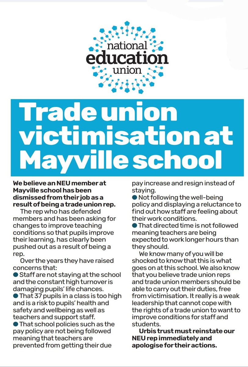 wforest_neu's tweet image. IMPORTANT UPDATE 🚨| Trade union victimisation at Mayville school.

We demand the reinstatement of our @NEUnion rep now. 

Union busting is disgusting 🤮

Share if you agree 🔁

#ValueEducation #SaveOurSchools #ValueEducators #NoUnionVicitimisation

@DanielKebedeNEU