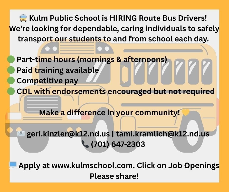 KPS is hiring route drivers for the 25-26 school year. Contact the school office for more information or visit the school website to apply online.
