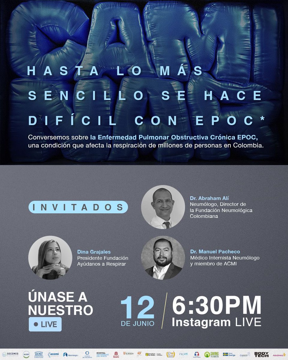 Este *jueves 12 de junio a las 6:30 p.m.*, en el Instagram Live de la @FundacionAyudanosaRespirar,  conversando sobre el impacto del #Epoc

💬 Participan:
🔹 Dr. Abraham Alí 
🔹 Dr. Manuel Pacheco
🔹 Dina Grajales 
#Quenotefalteelaire