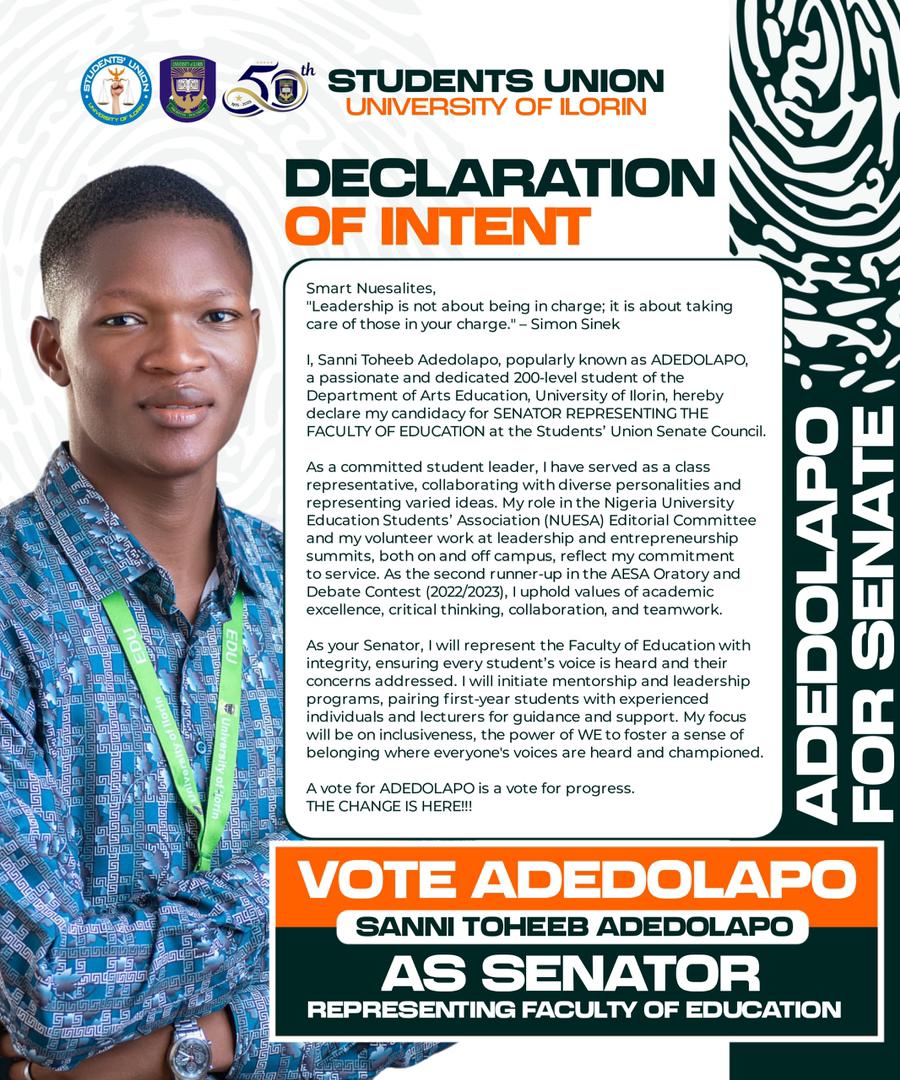 AdedolapoSTA's tweet image. As an aspirant for the post of Senator in the Students’ Union Senate Council, I, Sanni Toheeb Adedolapo, popularly known as ADEDOLAPO, am committed to serving and representing the voices of NUESALITES.
#voteADEDOLAPO✅
#YOUNGandVIBRANT✅
@NUESAUPDATE
@UnilorinNGR