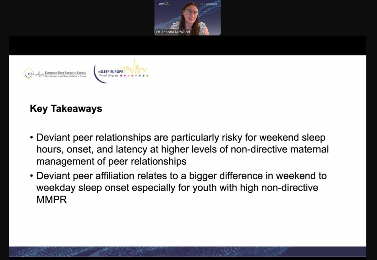 Dr. Leanna McWood explores how adolescent sleep is shaped by both peers and mothers, especially across weekday/weekend patterns. 

 #eSleepEurope2025 #ESRS