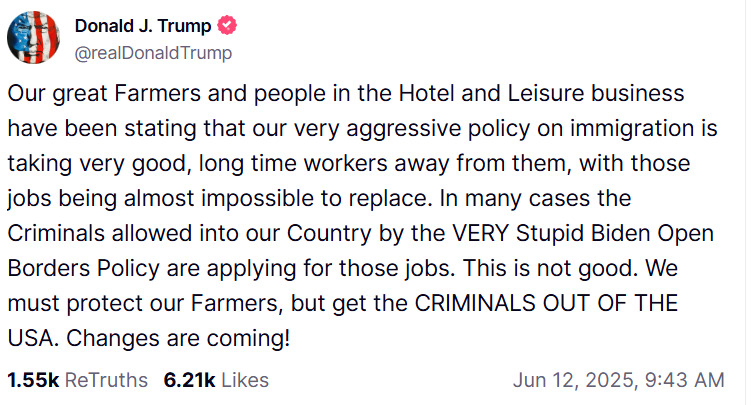 Trump just admitted that his mass deportations are bad for farmers and the economy, and crucially, also admitted that workers who are getting deported are "almost impossible to replace." That's a massive repudiation of MAGA ideology: