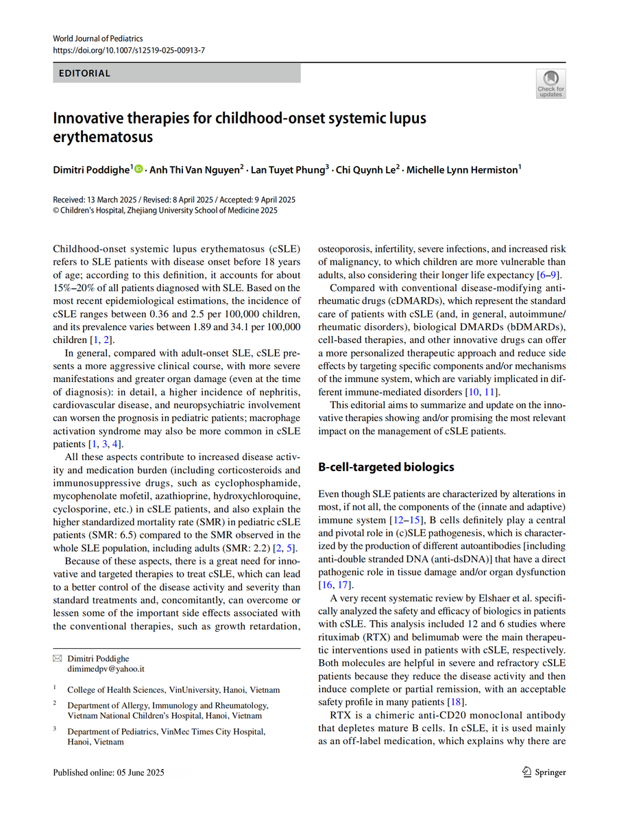 World_J_Pediatr's tweet image. Innovative treatments like B-cell-targeted biologics, anti-IFN-α drugs, JAK inhibitors, and CAR-T-cell therapy offer hope for severe childhood-onset systemic lupus erythematosus.
#Meded #SoMe4PedSurg #Pediatrics #SystemicLupusErythematosus #Immunotherapy
link.springer.com/article/10.100…