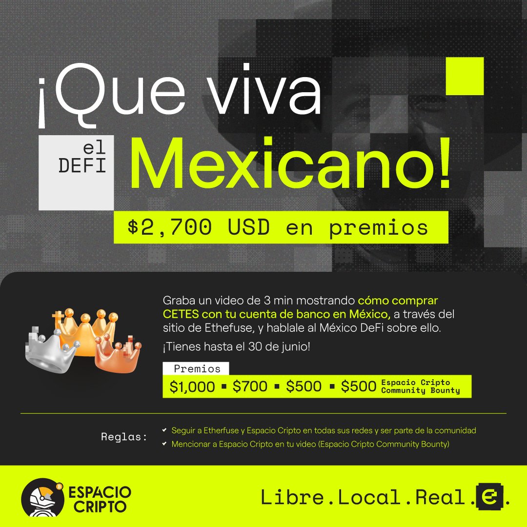 etherfuse (@etherfuse) on Twitter photo ¿Ya participaste en el bounty más grande del DeFi mexicano que tenemos con <a href="/EspacioCripto/">Espacio Cripto 🚀🧑🏻🚀</a>? 🇲🇽🇲🇽🇲🇽
Graba tu video, explica cómo comprar $CETES con tu cuenta bancaria y compite por $2,700 USD en premios 💸 ¿Ya participaste en el bounty más grande del DeFi mexicano que tenemos con <a href="/EspacioCripto/">Espacio Cripto 🚀🧑🏻🚀</a>? 🇲🇽🇲🇽🇲🇽
Graba tu video, explica cómo comprar $CETES con tu cuenta bancaria y compite por $2,700 USD en premios 💸
